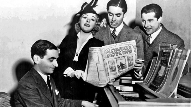 Irving Berlin (seated) with Alice Faye, Tyrone Power and Don Ameche, stars of the 1938 film musical "Alexander's Ragtime Band," based on Berlin's songs
