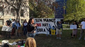 People gather outside the Statehouse to protest border czar Tom Homan’s visit with Indiana officials to push for further immigration enforcement.