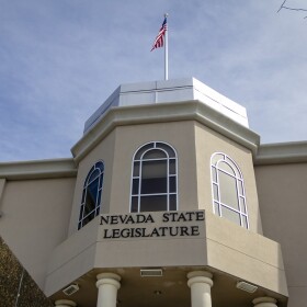 A close-up image of the exterior of the Nevada State Legislature building.