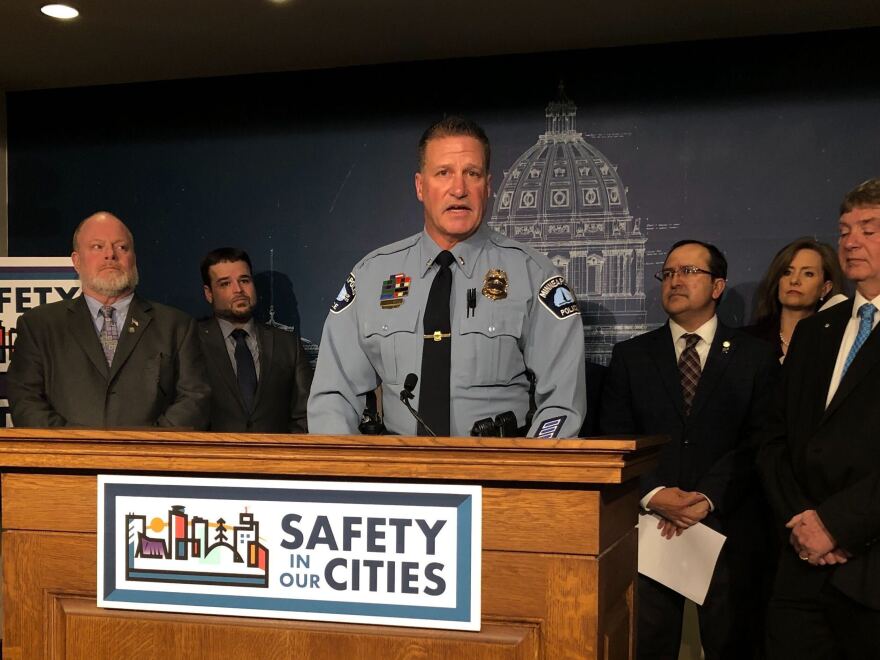 The president of the Minneapolis Police Federation, Lt. Bob Kroll, speaks at a news conference on Feb. 17 in St. Paul. Protesters are calling for his resignation.