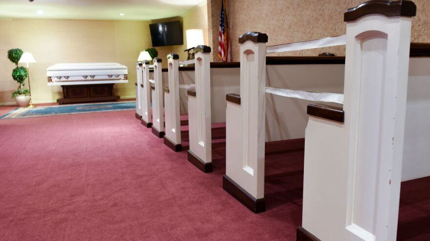 Pews were marked off to encourage social distancing at a funeral home in Temple, Penn., in March of 2021, around the time the Delta variant began to take hold in the United States.