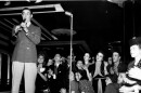 Bandleader Benny Goodman performs with his orchestra while playing the clarinet at Roseland Ballroom in New York City in 1938. (AP Photo)