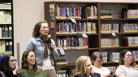 Assistant Superintendent Kari Dendurent speaks during a school district town hall on Tuesday, Feb. 17, 2026 in Kenai, Alaska.