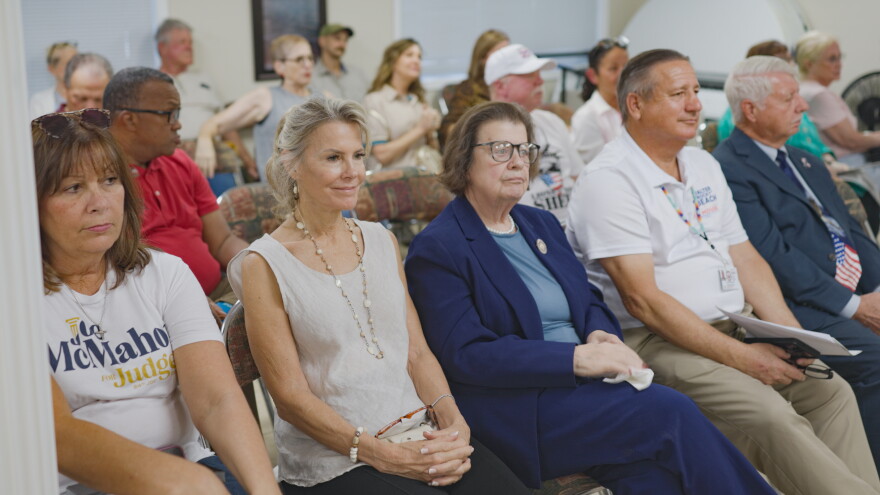 Members of the New Orleans chapter of the Louisiana Republican Assembly listen to local candidates make their pitch for public office on Monday, September 14, 2026, at Agape Christian Fellowship Church in Metairie, Louisiana. 