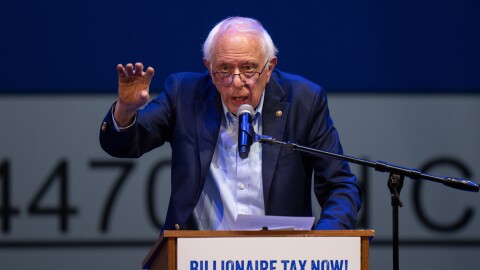 Sen. Bernie Sanders, I-Vt., speaks at a campaign event for a proposed "billionaires tax," in Los Angeles, Wednesday, Feb. 18, 2026.