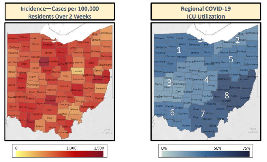 The state health department says Ohioans can use the incidence map to understand the severity of COVID-19 transmission by county. The second map shows the percent of all ICU patients who are COVID positive, which it says has increased from 12% in August to 31% currently. This is having what it calls a "severe and unsustainable" impact on the state's healthcare system. 