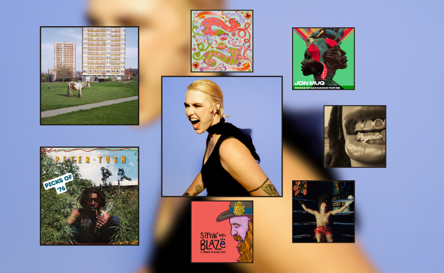 Artwork for three albums and five singles displayed in black square frames of varying sizes. The largest is in the middle and features a blonde person yelling with their mouth open. The blue background is also used for the background of the full image. There are two frames that are the next biggest. One has a horse standing in front of a high rise apartment building and the other has a man sitting in a field of marijuana smoking a pipe. The five smallest squares include a swirling dragon painting, two faces back to back with colors rising from them, a close-up of a mouth with a grill that says "peyote," a boxer leaning against the ropes and a bearded man in a cowboy hat.