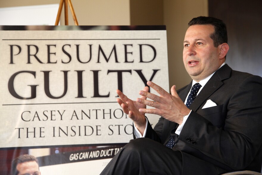 FILE - In this Tuesday, July 3, 2012, file photo, Casey Anthony's defense attorney, Jose Baez, gestures as he speaks during an interview with The Associated Press in Coral Gables, Fla. ESPN and Fox Sports reported on June 8, 2016, that former Patriots star Aaron Hernandez has hired Baez to represent him in an upcoming murder trial. (AP Photo/Wilfredo Lee, File)