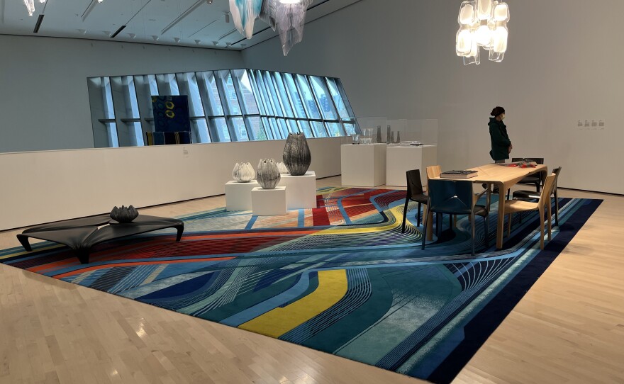 A dining room set designed by Zaha Hadid on the Broad Art Museum's upper level