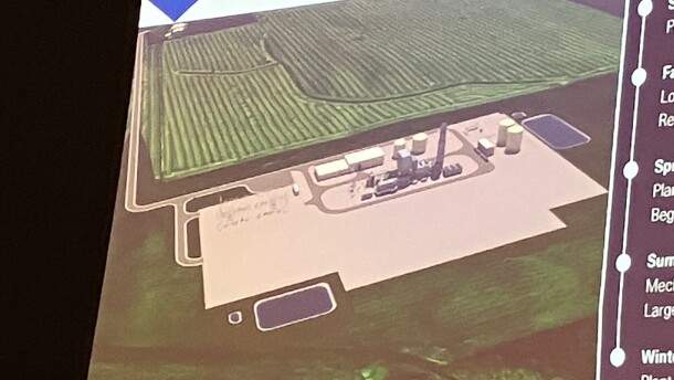 An aerial view rendering of the natural-gas power plant site east of Maysville, Iowa, shown at the Iowa Utilities Commission meeting April 6, 2026 in Davenport.