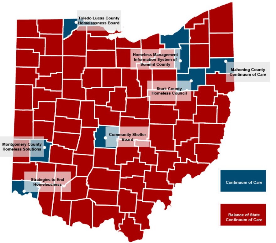 A map of the Ohio Balance of State Continuum of Care shows 80 of the state's 88 counties make up the Coalition on Homelessness and Housing in Ohio's service area.