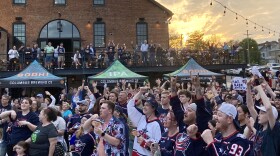  Columbus Blue Jackets fans watch an ESPN broadcast of the NHL Draft Lottery at Columbus Brewing Company on May 8, 2023.