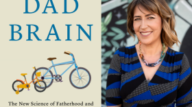 The cover of "Dad Brain" beside author Darby Saxbe. (Courtesy of Flatiron Book and Ketura Bishop)