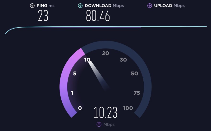 A screenshot of an internet speed test showing a dial measuring 10.23 Mbps.