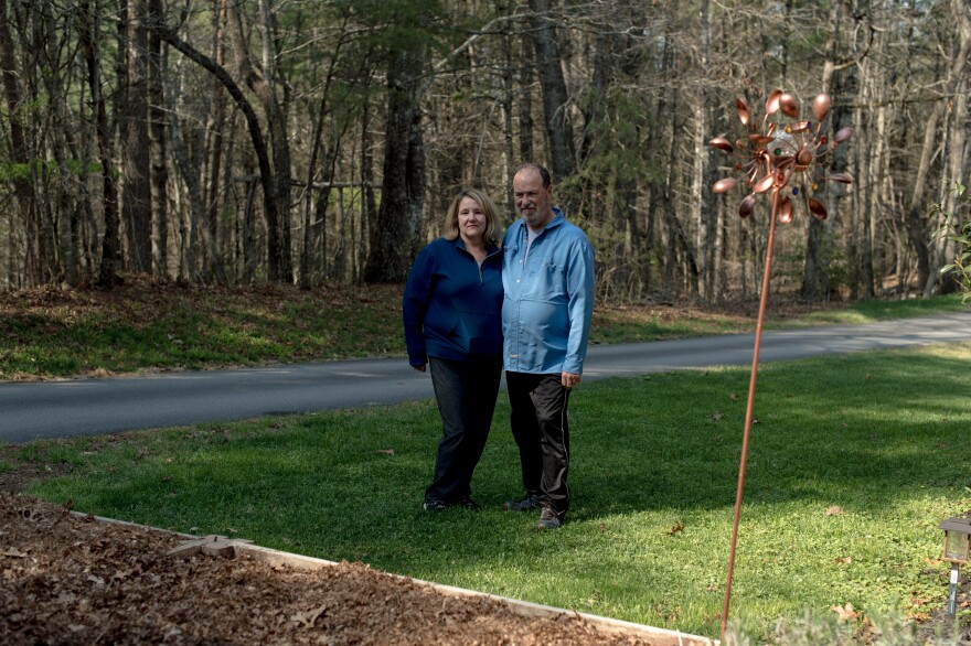 Tom and Rebecca Lash at their home near Murphy, Cherokee County, NC on April 7, 2026. Their home is in a neighborhood that borders the Crypto Mine located on Harshaw rd.