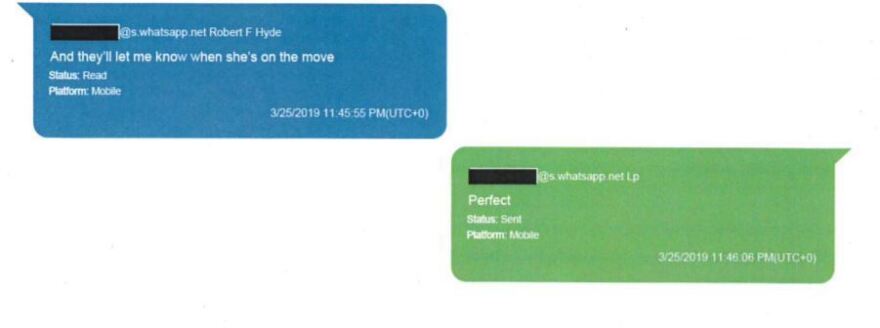 In WhatsApp messages between Lev Parnas and Republican congressional candidate Robert F. Hyde in March 2019, Hyde describes apparent surveillance of then-U.S. Ambassador Marie Yovanovitch in Ukraine. The Trump administration recalled Yovanovitch months later.