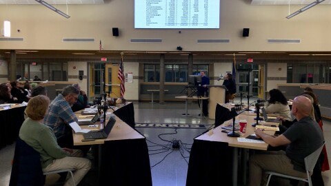 Paul Webster and Michelle Caulfield present a first draft of the 2026-2027 Corning-Painted Post Area School District budget to the school board.