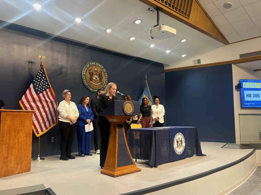 State Rep. Melanie Ross Levin (D-Brandywine) speaks at bill signings in Wilmington Tuesday.