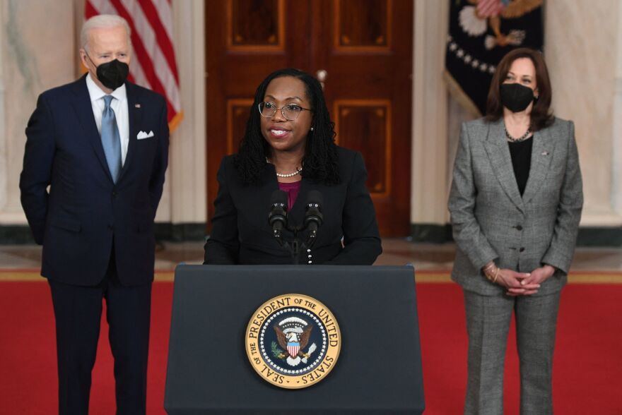 Judge Ketanji Brown Jackson, with President Biden and Vice President Harris, speaks after being nominated for the U.S. Supreme Court at the White House on Feb. 25.
