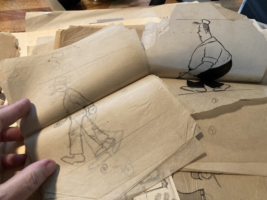 Surviving materials from a collection featuring early animation walk cycles of Avery and Walt Wallet, two of the lead characters of the 1918 Frank King comic strip series <em>Gasoline Alley </em>that Kelley worked on.