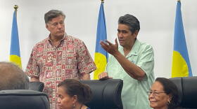 U.S. Deputy Secretary of State Christopher Landau, left, and Palau President Surangel Whipps Jr. at a presentation on critical infrastructure on Sept. 2, 2026, in Koror, Palau. Landau said the United States would partner with Palau to build a new hospital.