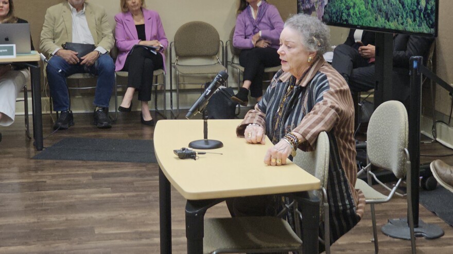 Former Arkansas First Lady Barbara Pryor urges members of the Arkansas TV Commission to rethink their decision to disaffiliate from PBS in a commission meeting in Conway on Thursday, March 12, 2026