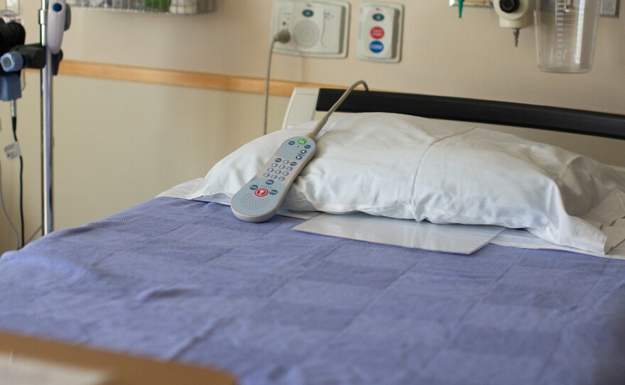 A hand controller sits on a hospital bed in a delivery room at Syringa Hospital in Grangeville, Idaho on Friday, May 29, 2026.