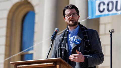 Democratic U.S. House candidate William Lawrence speaks at a No Kings rally at the Michigan Capitol in Lansing, Mich., on March 28, 2026.