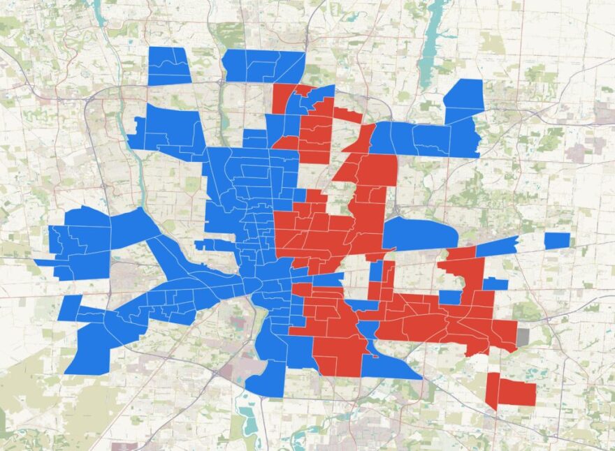 This map is a binary representation of the predominant race in each census tract within the city of Columbus corporate boundary according to the 2023 U.S. Census estimated of population in the city. The blue areas represent census tracts that are have more white people than any other race. The red areas denote census tracts that have more Black people than any other race. To be included, the census tract must have at least 75% of its land area within the corporate boundary of the city of Columbus.