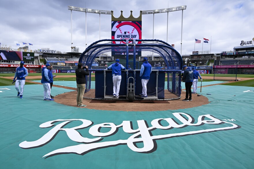 The Kansas City Royals take batting practice before their opening day game against the Cleveland Guardians on Thursday in Kansas City, Mo.