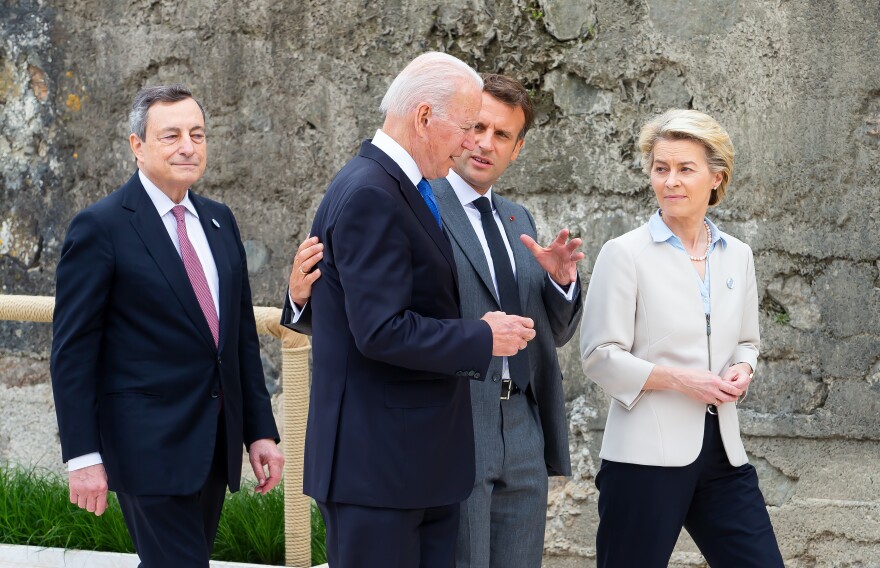 Italian Prime Minister Mario Draghi, U.S. President Joe Biden, President of France, Emmanuel Macron and European Commission Ursula von der Leyen speak during the Leaders official welcome.