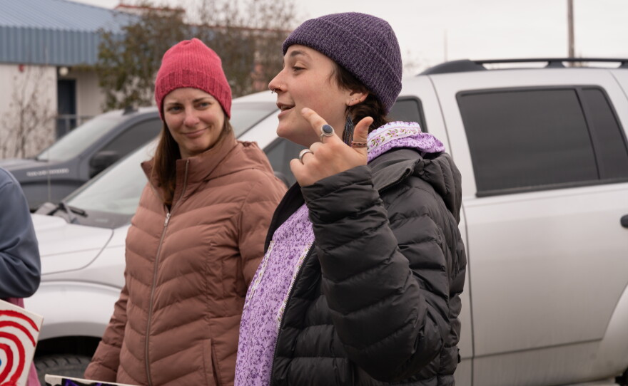 Claire Snyder, Outreach and Education Coordinator at Tundra Women’s Coalition, thanks community members for attending the 2026 Peacewalk on Oct. 5, 2026.
