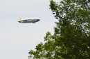A Goodyear blimp is seen flying over the Akron area on Friday, May 12, 2023.