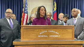 North Carolina state Sen. Sydney Batch, a Wake County Democrat, speaks at a news conference with members of her party at the Legislative Building in Raleigh, N.C., on Thursday, Jan. 26, 2023. Batch said that Democrats are not willing to compromise on further abortion restrictions beyond the current 20-week limit. (AP Photo/Hannah Schoenbaum)