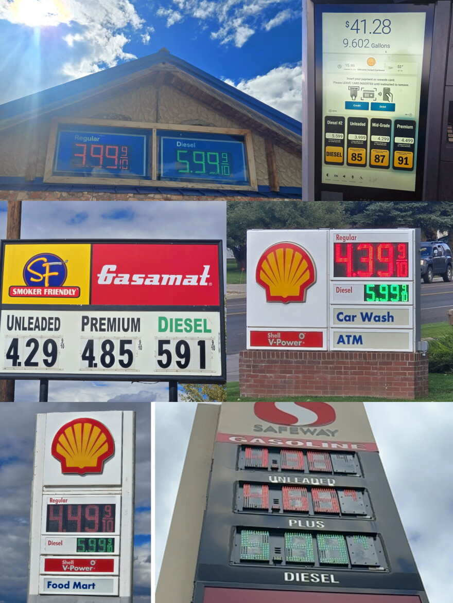 Six different pictures show Laramie gas prices holding just short of 6 dollars per gallon of diesel 