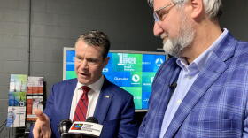 U.S. Sen. Todd Young (R-Ind.), left, and Gov. Eric Holcomb, right, said Indiana is well-positioned to compete for one of the regional technology hubs created by Young's Endless Frontier Act.