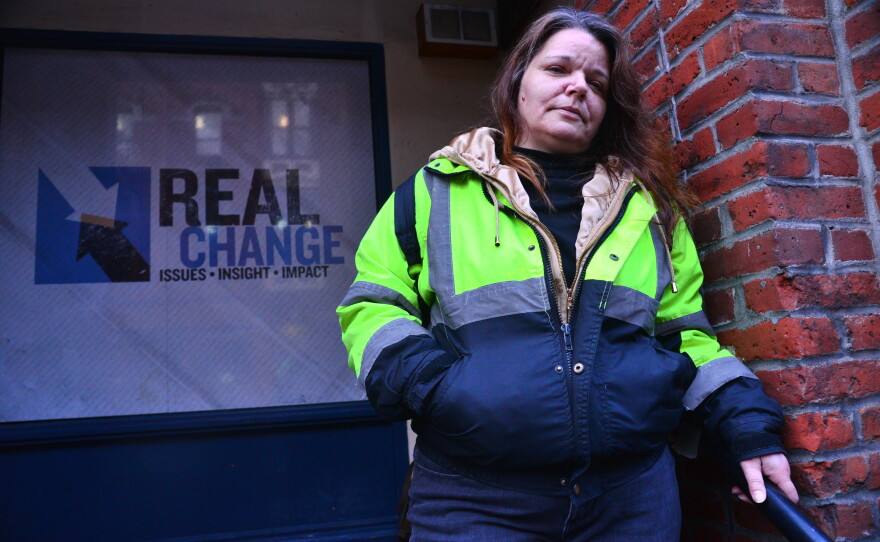 Darcie Day heads out to sell Real Change newspaper in Seattle after shooting in the 'Jungle.'