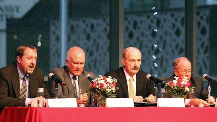 Indiana University Kelley School of Business economics professor Kyle Anderson, Indiana Business Research Center economist Timothy Slaper, and retired professors Charles Trzcinka and Bill Witte present the 2019 Economic Forecast .