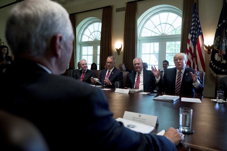 President Trump speaks during a Cabinet meeting on June 12, 2017. From left are, Vice President Pence, foreground, then-Health and Human Services Secretary Tom Price, Interior Secretary Ryan Zinke and Secretary of State Rex Tillerson and the president. Price was fired by Trump last year, Tillerson was fired last week.