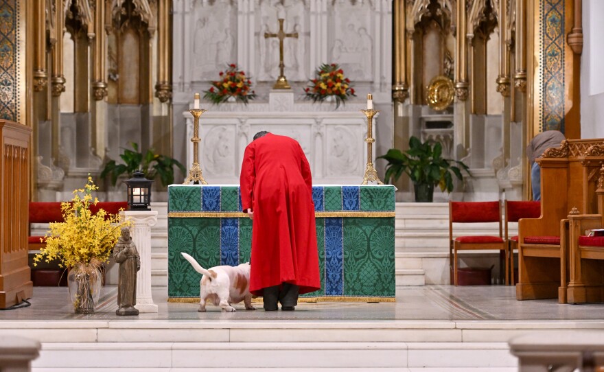 Organist Maria Zengion and her dog, Bitsy, stand at the altar of St. Luke's in Scranton.