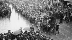 The first Labor Day parade, held in New York City on September 5, 1882. A group of approximately 200 members of Newark’s Jewelers Union helped get the procession underway after arriving with a band.