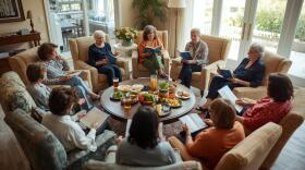 A group of women sit in comfy chairs arranged in a circle talking about books. 