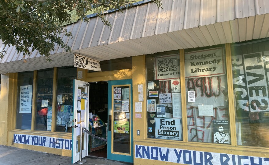 The Civic Media Center transforms itself into a food pantry once a month. Anyone can pick up free food; no ID or contact information is required. (Nicolette De Value/WUFT News)