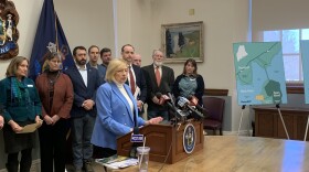 Gov. Janet Mills at a press conference announcing Sears Island as the preferred site for an offshore wind port on Tuesday, Feb. 20, 2024.