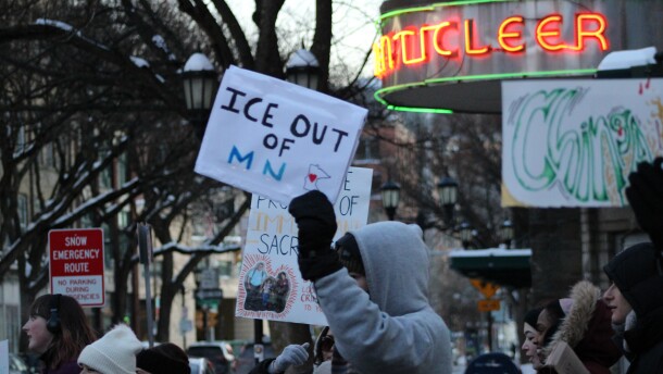 Demonstrators in Ithaca rallied against ICE Friday afternoon.
