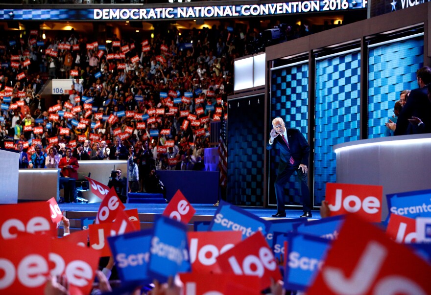 Vice President Biden arrives onstage to the theme of <em>Rocky.</em>