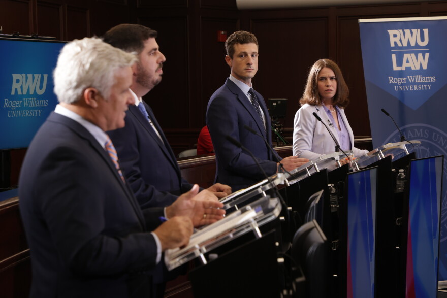 Jason Knight, Joe Solomon Jr., Keith Hoffmann and Kim Ahern square off during a WPRI debate last month at Roger Williams University Law School. Credit: Corey Welch/WPRI 12.