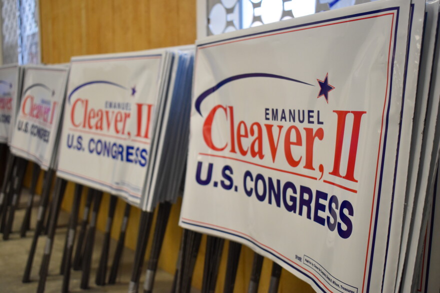 Stacks of signs supporting Rep. Cleaver's reelection sit inside his campaign headquarters.