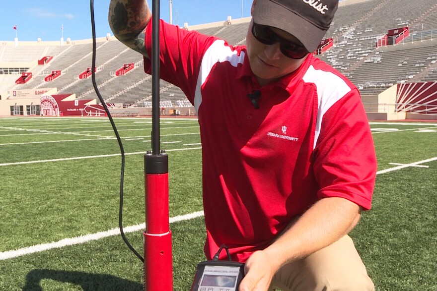 The IU sports turf crew is now testing the hardness of Memorial Stadium's field before each game. (Lindsey Wright, WFIU/WTIU News)