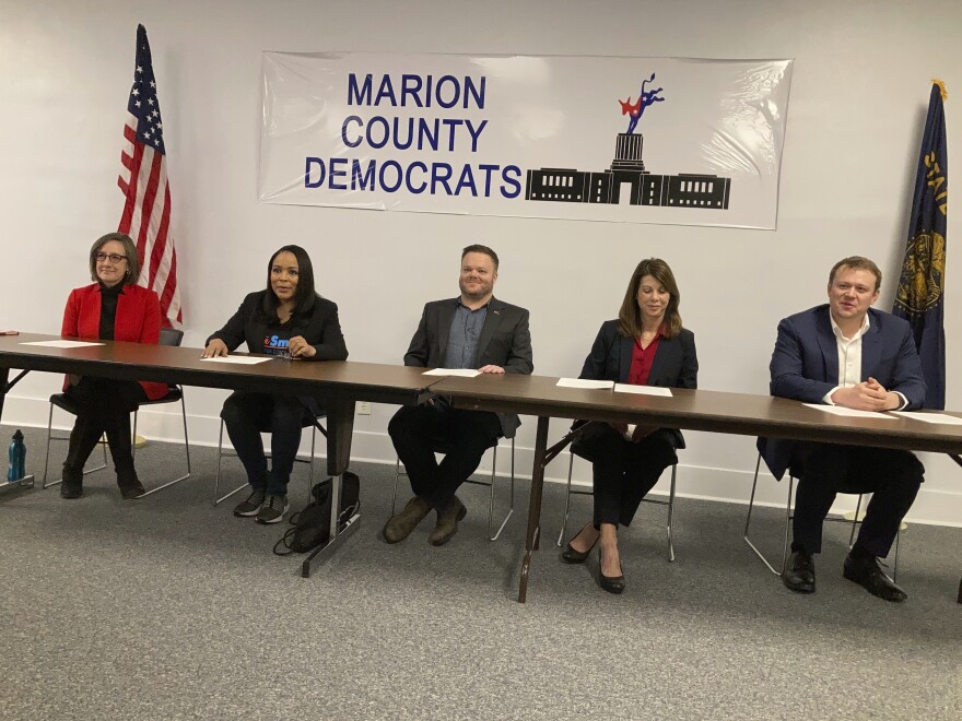 6th District Democratic candidates appear before the media in Salem, Ore., on April 12, 2022, to denounce the House Majority PAC's support for Flynn. From left: Andrea Salinas, Loretta Smith, Cody Reynolds, Kathleen Harder and Matt West.